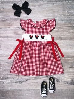 Sydney So Sweet New Arrivals Red & Black Gingham Mouse Head Smocked Ruffle Collar Girls Dress