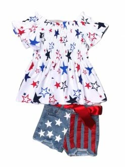 Sydney So Sweet Red, White, & Blue Patriotic Stars Flag Denim Girls 4th Of July Shorts Outfit New Arrivals