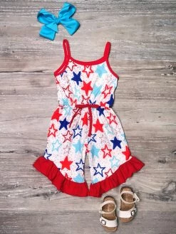 Sydney So Sweet Red, White, & Blue Patriotic Stars Ruffle Girls 4th Of July Romper