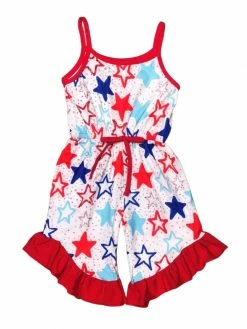 Sydney So Sweet Red, White, & Blue Patriotic Stars Ruffle Girls 4th Of July Romper