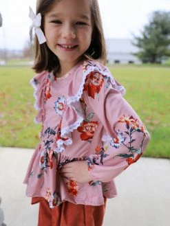 Sydney So Sweet Vintage Floral Ivy Pink & Rust Orange Wide Leg Corduroy Ruffle Girls Outfit