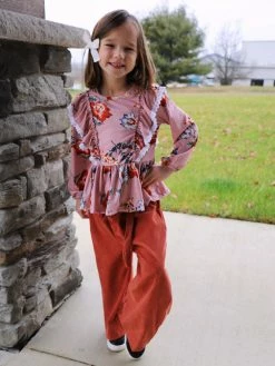 Sydney So Sweet Vintage Floral Ivy Pink & Rust Orange Wide Leg Corduroy Ruffle Girls Outfit