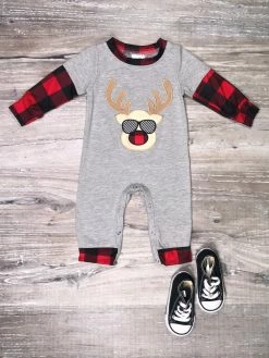 Sydney So Sweet Baby Boutique Reindeer Patrol Buffalo Plaid Boys Christmas Baby Romper