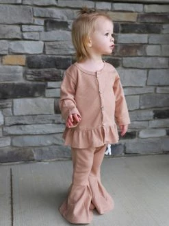 Sydney So Sweet Taupe Brown Button Waffle Knit Peplum Bell Bottom Girls Outfit