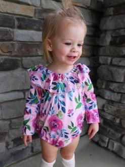 Sydney So Sweet Baby Boutique Plum Posies Floral Ruffle Girls Baby Romper