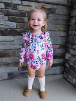 Sydney So Sweet Baby Boutique Plum Posies Floral Ruffle Girls Baby Romper