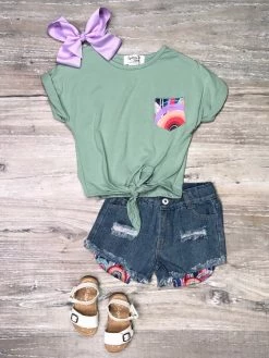 Sydney So Sweet Retro Rainbow Sage Tie Knot Denim Peekaboo Girls Shorts Outfit New Arrivals