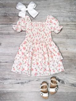 Sydney So Sweet Retro Rose Polka Dot Floral Tiered Ruffle Smocked Girls Dress Dresses & Skirt Sets