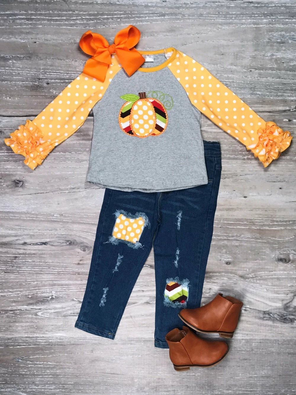Sydney So Sweet Retro Yellow Chevron Pumpkin Patch Denim Fall Girls Outfit 1 Sydney So Sweet Retro Yellow Chevron Pumpkin Patch Denim Fall Girls Outfit