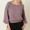 Sydney So Sweet Women's Clothing Rib Smocking Women's Textured Sweater Top Mauve Purple