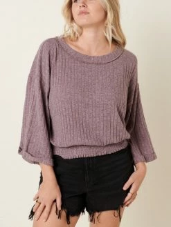 Sydney So Sweet Women's Clothing Rib Smocking Women's Textured Sweater Top Mauve Purple