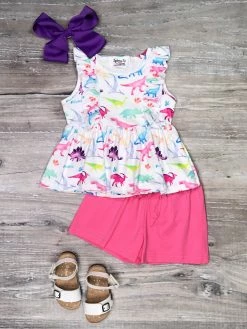 Sydney So Sweet Roaring Rainbow Dinosaurs Pink Flutter Girls Shorts Outfit New Arrivals