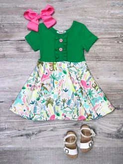Sydney So Sweet Rockin' & Roarin' Green & Pink Dinosaur Ruffle Girls Dress Dresses & Skirt Sets