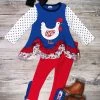 Sydney So Sweet Rooster Red & Blue Floral Polka Dot Ruffle Girls Outfit 2 Piece Pants Outfits