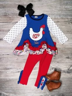 Sydney So Sweet Rooster Red & Blue Floral Polka Dot Ruffle Girls Outfit 2 Piece Pants Outfits