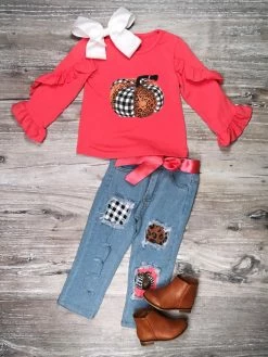Sydney So Sweet Rosey Pink Country Ruffle Pumpkin Plaid Girls Denim Outfit