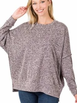 Sydney So Sweet Round Neck Hi Lo Pocket Women's Sweater Eggplant Women's Clothing