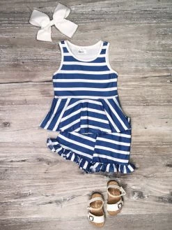 Sydney So Sweet Sales Store 18 Sydney So Sweet Royal Blue & White Stripe Ruffle Girls Shorts Outfit Sale
