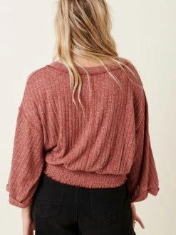Sydney So Sweet Rib Smocking Women's Textured Sweater Top Rust Women's Clothing