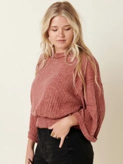 Sydney So Sweet Rib Smocking Women's Textured Sweater Top Rust Women's Clothing
