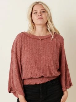Sydney So Sweet Rib Smocking Women's Textured Sweater Top Rust Women's Clothing