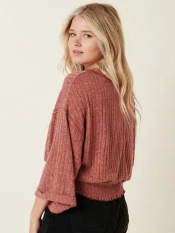 Sydney So Sweet Rib Smocking Women's Textured Sweater Top Rust Women's Clothing