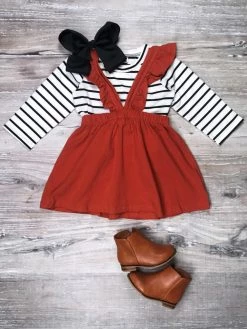 Sydney So Sweet Rust Orange Stripe Ruffle Girls Suspender Outfit Dresses & Skirt Sets 8 Sydney So Sweet Rust Orange Stripe Ruffle Girls Suspender Outfit Dresses & Skirt Sets