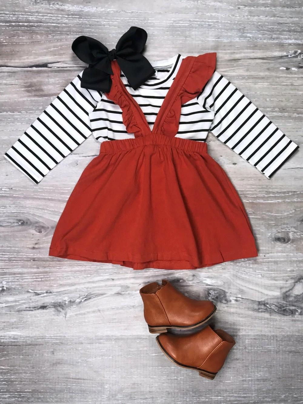 Sydney So Sweet Rust Orange Stripe Ruffle Girls Suspender Outfit Dresses & Skirt Sets 2 Sydney So Sweet Rust Orange Stripe Ruffle Girls Suspender Outfit Dresses & Skirt Sets