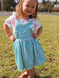 Sydney So Sweet Ballerina Bunny Teal Stripe Ruffle Girls Jumper Dress Set