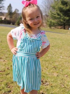 Sydney So Sweet Ballerina Bunny Teal Stripe Ruffle Girls Jumper Dress Set