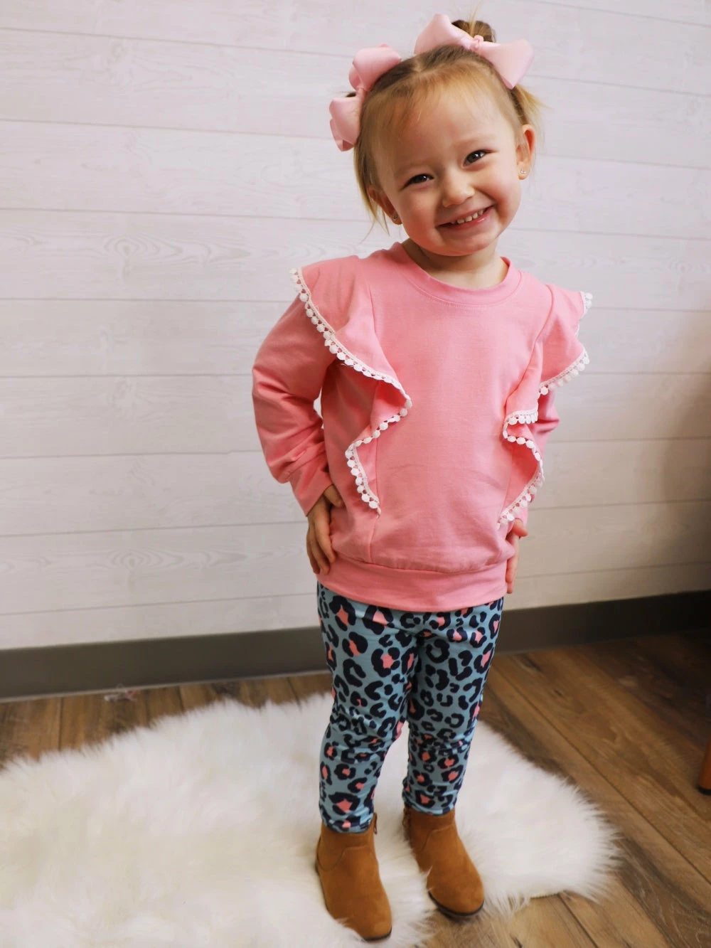 Sydney So Sweet 2 Piece Pants Outfits Wild At Heart Pink & Blue Leopard Ruffle Girls Outfit 1 Sydney So Sweet 2 Piece Pants Outfits Wild At Heart Pink & Blue Leopard Ruffle Girls Outfit