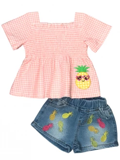 Sydney So Sweet Shorts & Capri Outfits Sweet Pineapple Gingham Pink Denim Girls Shorts Outfit