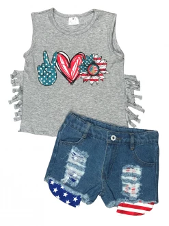 Sydney So Sweet Peace, Love, America Fringe Flag Denim Girls Shorts Outfit