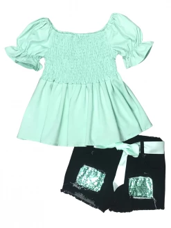 Sydney So Sweet Mint Smocked Puff Sleeve Sequin Denim Girls Shorts Outfit
