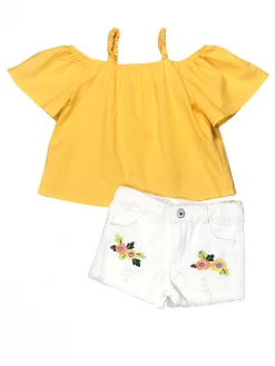 Sydney So Sweet Yellow Floral Cold Shoulder White Denim Girls Shorts Outfit 5 Sydney So Sweet Yellow Floral Cold Shoulder White Denim Girls Shorts Outfit