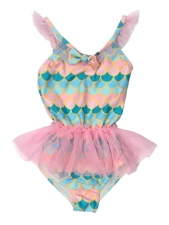 Sydney So Sweet Blue Mermaid Scale Pink Tutu Girls One Piece Swimsuit