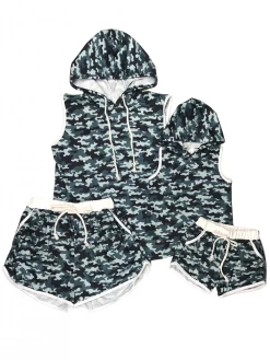 Sydney So Sweet Mommy And Me - Gray Camo Retro Hooded Tank Shorts Matching Outfit