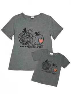 Sydney So Sweet Mommy And Me - Hello Fall Pumpkin Gray Short Sleeve Matching T-Shirt