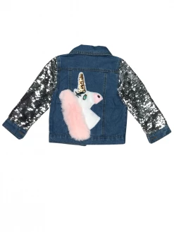 Sydney So Sweet Pink Fuzzy Unicorn Sequin Girls Denim Jean Jacket