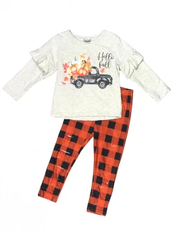 Sydney So Sweet 2 Piece Pants Outfits Pumpkin Truck Orange Plaid Distressed Patch Leggings Girls Outfit