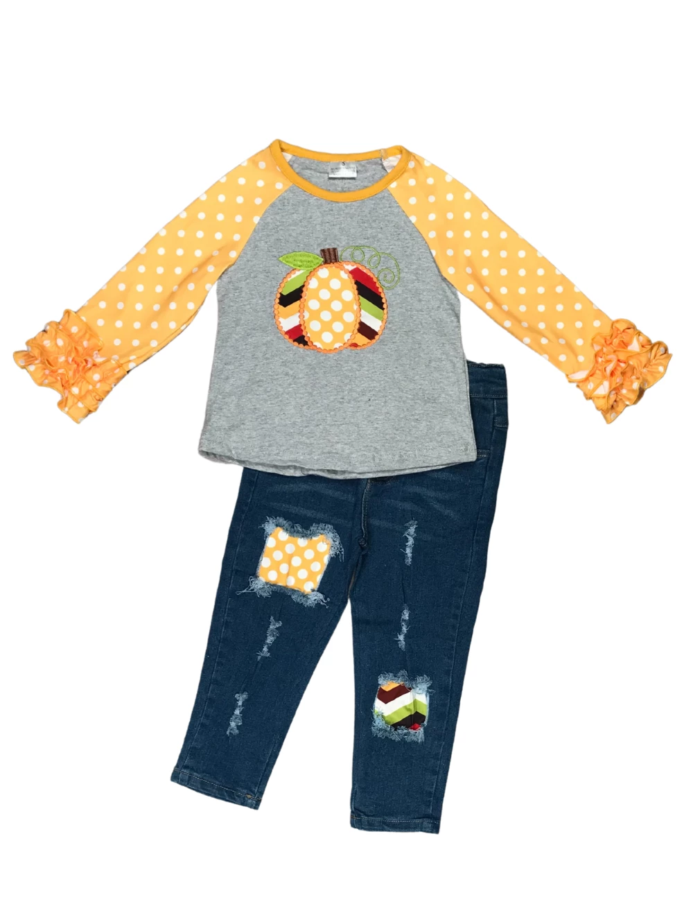 Sydney So Sweet Retro Yellow Chevron Pumpkin Patch Denim Fall Girls Outfit 2 Sydney So Sweet Retro Yellow Chevron Pumpkin Patch Denim Fall Girls Outfit