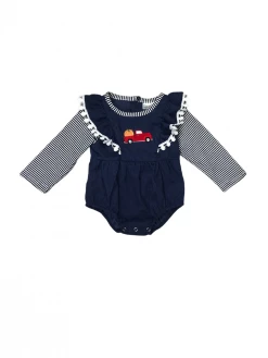 Sydney So Sweet Pumpkin Navy Corduroy Stripe Flare Girls Baby Romper
