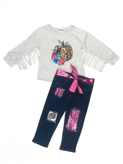 Sydney So Sweet Light Heather Gray Pumpkin Serape Cheetah Fringe Fall Denim Girls Outfit