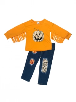 Sydney So Sweet Golden Leopard Jack-O-Lantern Fringe Sequin Girls Denim Outfit