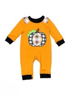 Sydney So Sweet Mustard Argyle Plaid Pumpkin Boys Fall Baby Romper