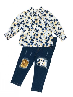 Sydney So Sweet Navy Gold Floral Sequin Smocked Denim Patch Girls Outfit