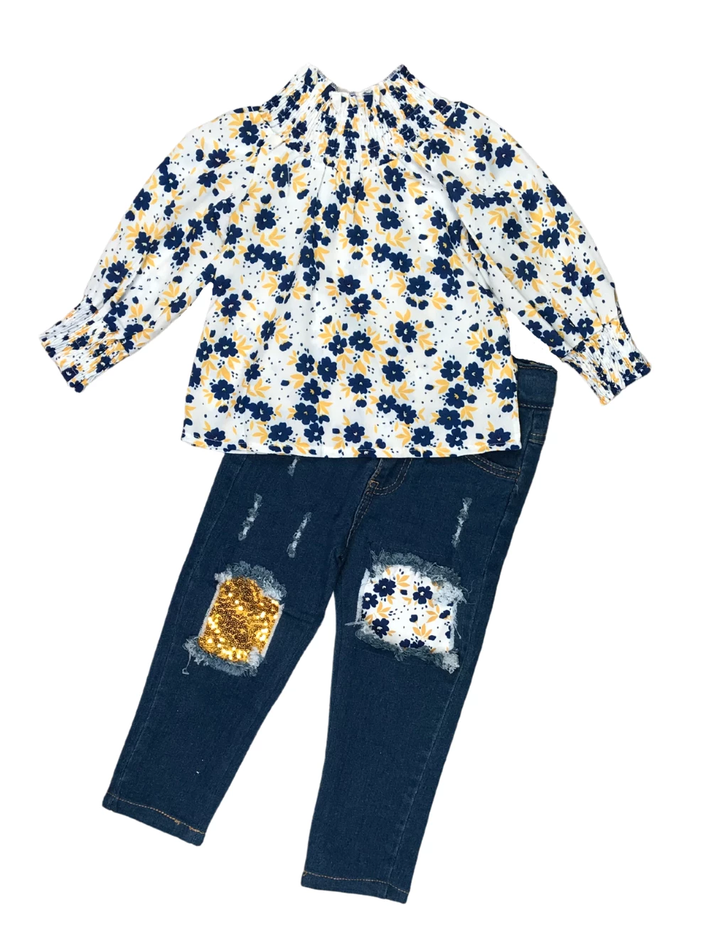 Sydney So Sweet Navy Gold Floral Sequin Smocked Denim Patch Girls Outfit 2 Sydney So Sweet Navy Gold Floral Sequin Smocked Denim Patch Girls Outfit