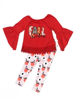 Sydney So Sweet 2 Piece Pants Outfits Burnt Orange Fall Floral Lace Ruffle Girls Fall Outfit