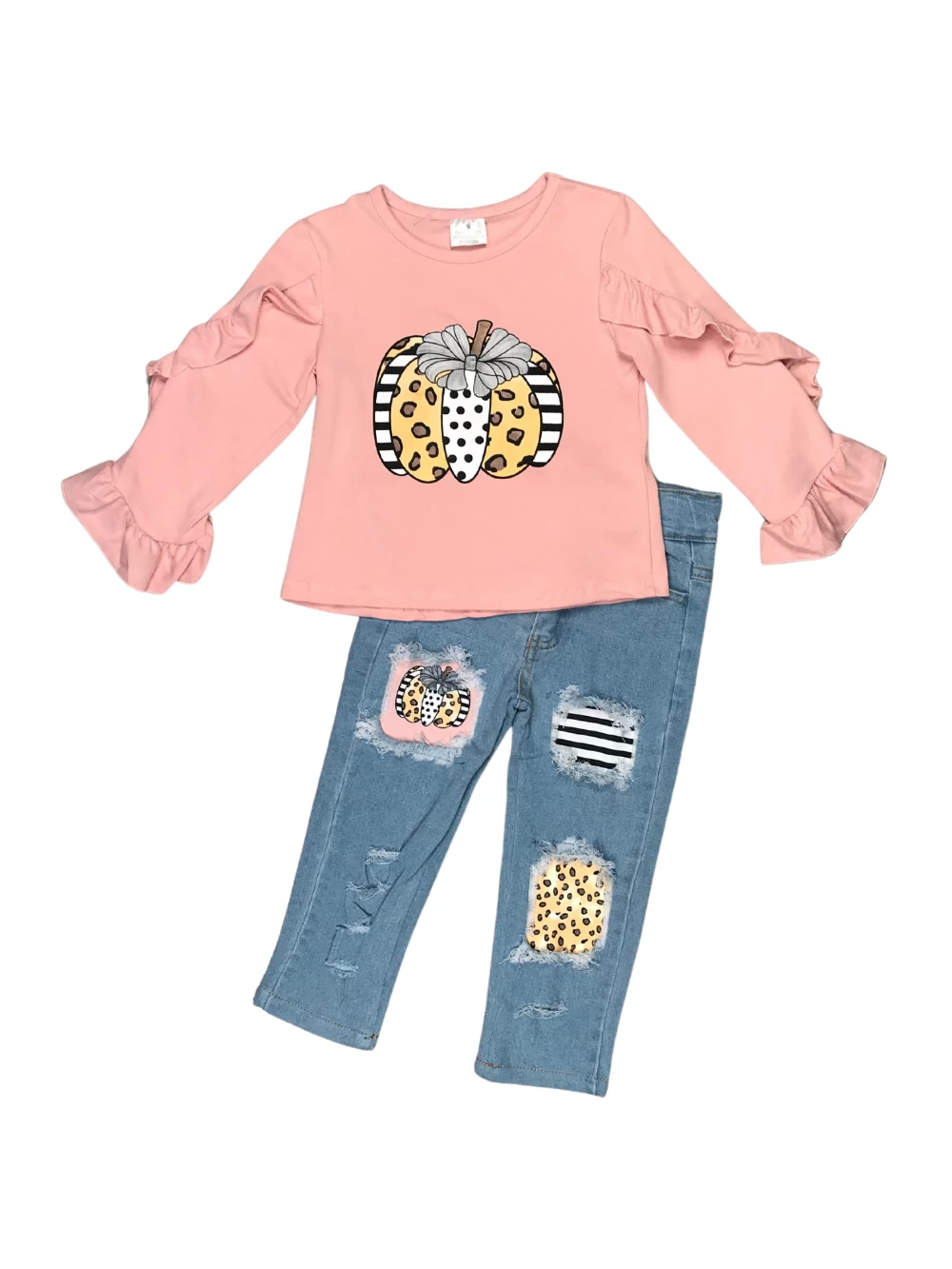 Sydney So Sweet Mauve Pink Retro Pumpkin Ruffle Denim Patch Girls Fall Outfit 2 Sydney So Sweet Mauve Pink Retro Pumpkin Ruffle Denim Patch Girls Fall Outfit