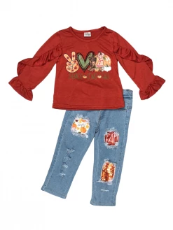 Sydney So Sweet Peace, Love, Cozy Fall Pumpkin Denim Girls Fall Outfit